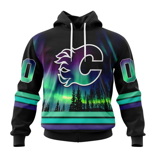 Personalized NHL Calgary Flames Hoodie Special Design With Northern Lights All Over Print 3D Hoodie Unisex