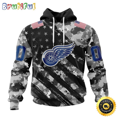 Personalized NHL Detroit Red Wings All Over Print 3D Hoodie Grey Camo Military Design And USA Flags On Shoulder Unisex Hoodie