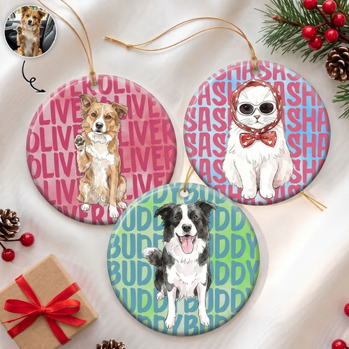 Custom Photo Watercolor Pet Lovers Christmas - Personalized Circle Ceramic Ornament - Christmas Gift for Dog Lovers, Cat Lovers, Pet Lovers