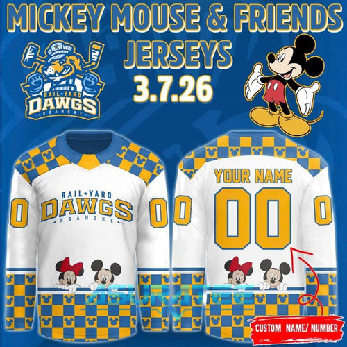 Roanoke Rail Yard Dawgs 2025 Mickey Mouse & Friends Hockey Jersey