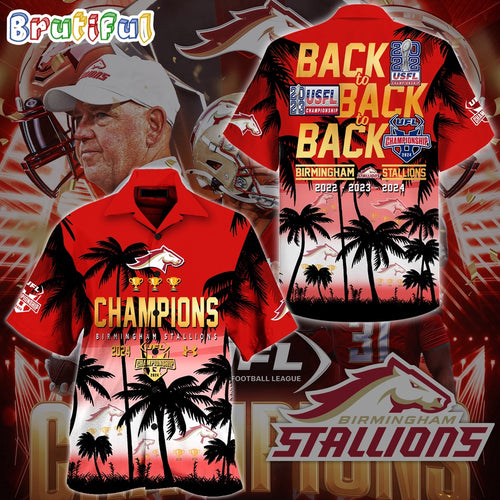 UFL Birmingham Stallions 2024 Back To Back To Back Champions Hawaiian Shirt