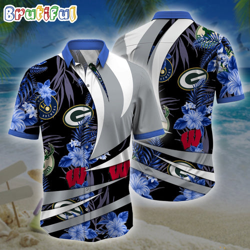 Wisconsin Sports Tropical Flower Hawaiian Shirt, Wisconsin Sports Hawaiian Shirt