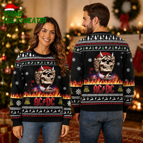 ACDC Angus Young Skeleton In Flame 2026 Knitted Black Ugly Christmas Sweater - Unique Gifts For Every Occasion
