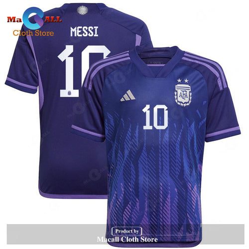 Argentina National Team 2022 23 Qatar World Cup Lionel Messi Away Youth Jersey Dark Blue & Light Purple
