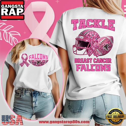 Atlanta Falcons NFL Glitter Tackle Breast Cancer 2025 Women’s Shirt White