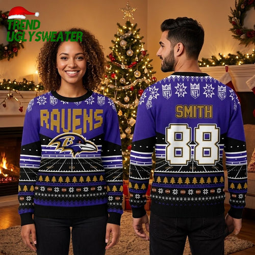Baltimore Ravens Custom Name And Number Football Field Ugly Christmas Sweater