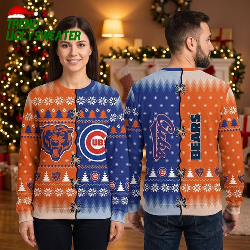 Chicago Bears Cubs Split Logo Snowflake Ugly Christmas Sweater