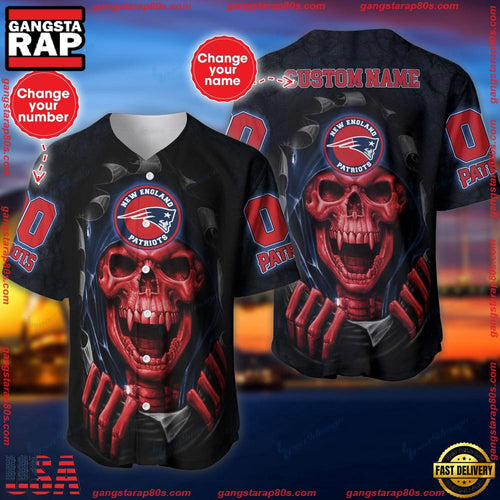 NFL Custom Name Number New England Patriots Skull Baseball Jersey Shirt
