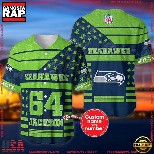 NFL Custom Name Number Seattle Seahawks American Flag New Design Baseball Jersey Shirt