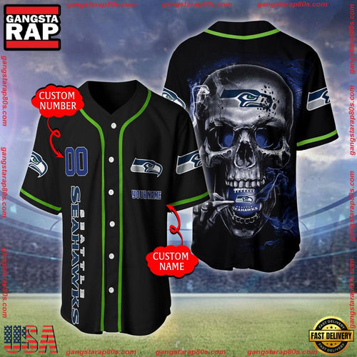 NFL Custom Name Number Seattle Seahawks Skull Face Baseball Jersey Shirt
