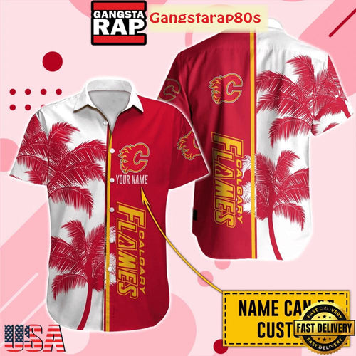 Custom Name Calgary Flames Palm Breeze Summer Aloha Hawaiian Shirt