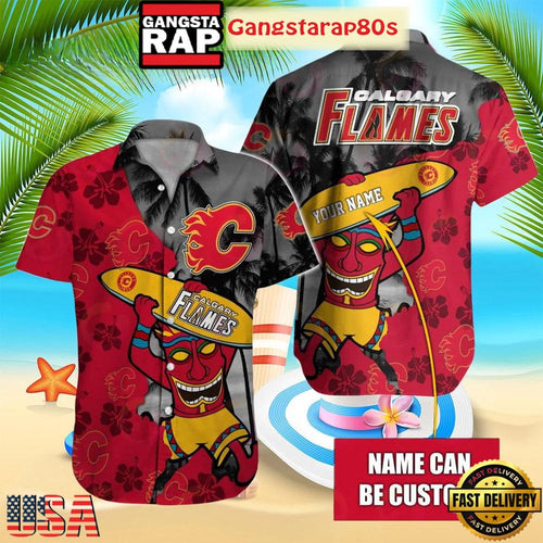 Custom Name Calgary Flames Tiki Surf Summer Aloha Hawaiian Shirt