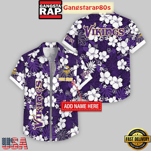 Custom Name Minnesota Vikings Hibicus Pattern Aloha Hawaiian Shirt
