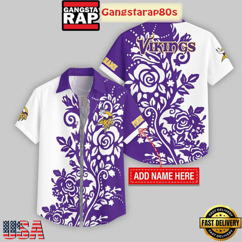 Custom Name Minnesota Vikings Rose Branch Pattern Aloha Hawaiian Shirt