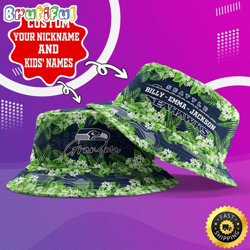 Customized NFL Seattle Seahawks Bucket Hat Floral Pattern Hat For Football Fans