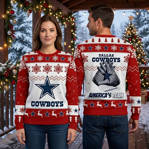Dallas Cowboys Star Logo And Football Gloves Ugly Christmas Sweater