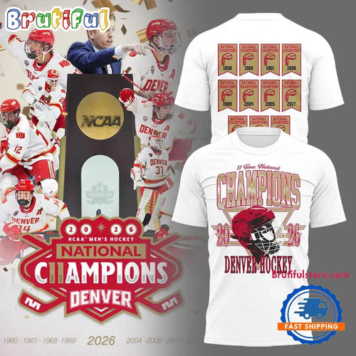 Denver Pioneers 2026 NCAA Frozen Four Men’s Ice Hockey National Champions Helmet White T Shirt