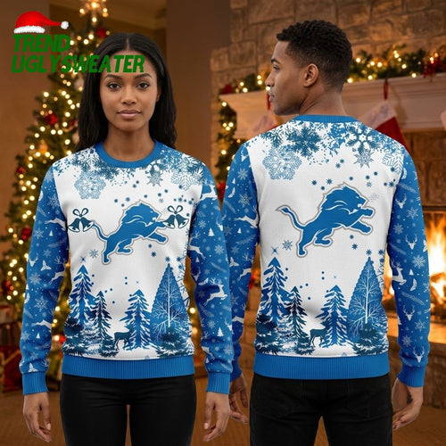 Detroit Lions Leaping Lion Snowy Forest Ugly Christmas Sweater