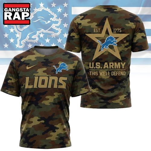Detroit Lions NFL Veterans US Army Camo New Design 3D Shirt , Football New Design Shirt