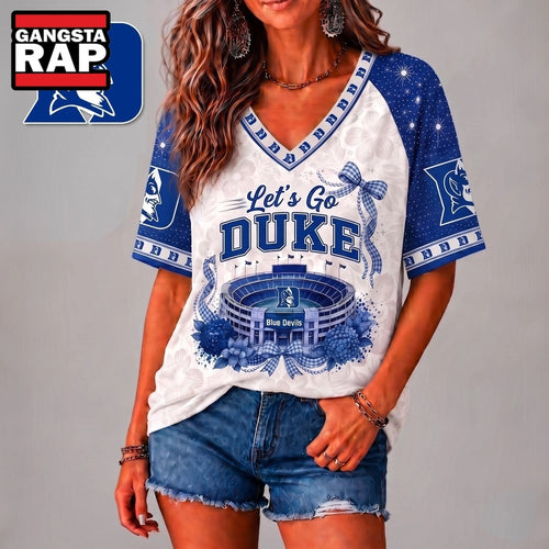 Duke Blue Devils NCAA Floral Stadium Bow V Neck 3D T Shirt