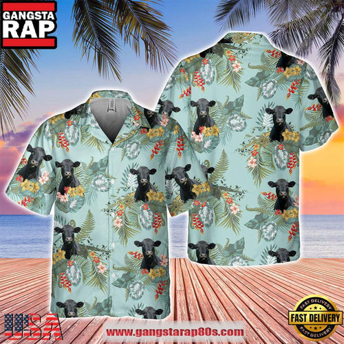 Black Angus Tropical Flowers Pattern Hawaiian Shirt, Farm Hawaiian Shirt