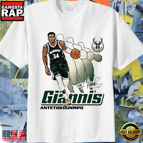 Giannis Antetokounmpo Milwaukee Bucks Signed Retro Basketball Player T-Shirt