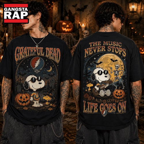 Grateful Dead x Snoopy Halloween The Music Never Stops Vintage 3D Shirt , Music Trending 3D Shirt