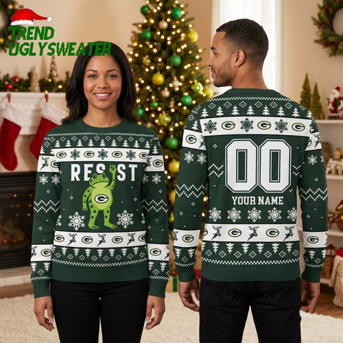 Green Bay Packers Frog Resist Custom Name And Number Ugly Christmas Sweater