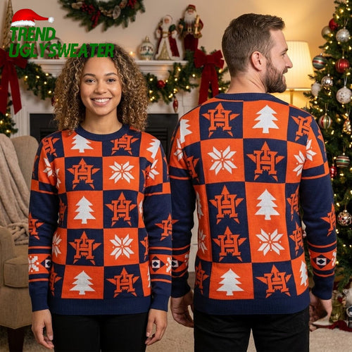 Houston Astros Checkerboard Logo Snowflake And Christmas Tree Ugly Christmas Sweater