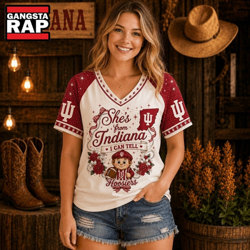 Indiana Hoosiers NCAA Bow and Floral Team Spirit V Neck T Shirt