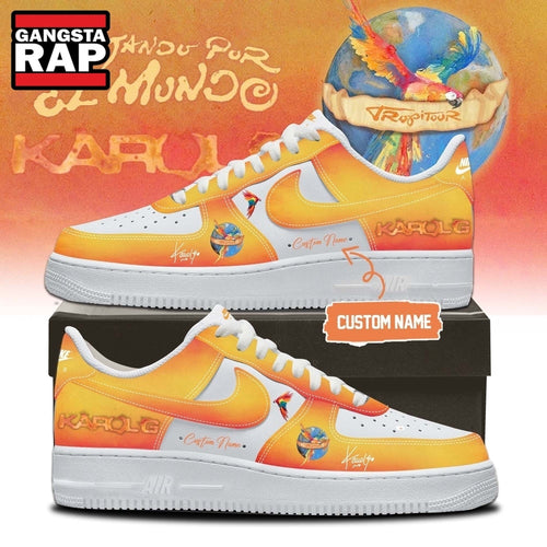 Karol G VIAJANDO POR EL MUNDO TROPITOUR Signed 2026 Orange Air Force 1 Shoes , Music Trending Shoes