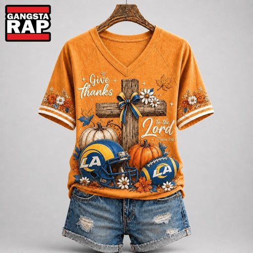 Los Angeles Rams NFL Thanksgiving Faith And Football V Neck T Shirt
