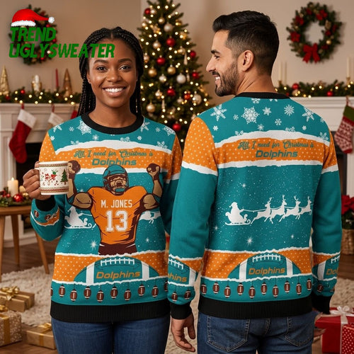 Miami Dolphins Christmas Sweater With Santa And Player Design