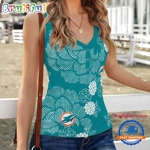 Miami Dolphins Flower Pattern Women’s V-Neck Ribbed Tank Top