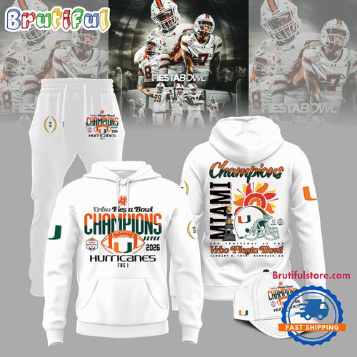 Miami Hurricanes College Football Playoff 2026 Fiesta Bowl Champions White Hoodie T-Shirt