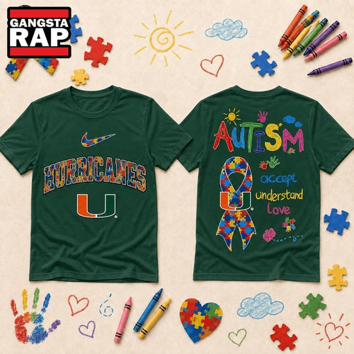 Miami Hurricanes NCAA Autism Awareness Puzzle Ribbon Hoodie T-Shirt