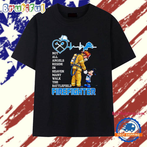 Mickey x Detroit Lions not all angels reside in heaven many walk the battlefield firefighter T Shirt
