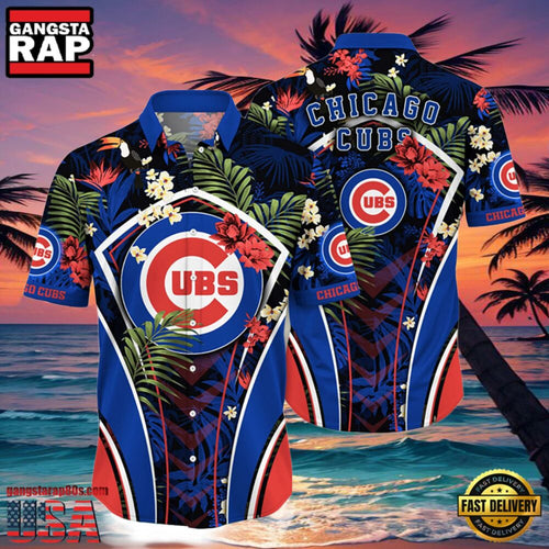 MLB Chicago Cubs Flower Tropical Aloha Hawaiian Button Down Shirt