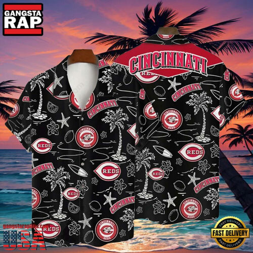 MLB Cincinnati Reds Tropical Palms Black Aloha Hawaiian Shirt