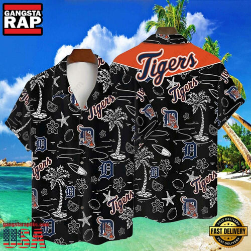 MLB Detroit Tigers Tropical Palms Black Hot Summer Hawaiian Shirt