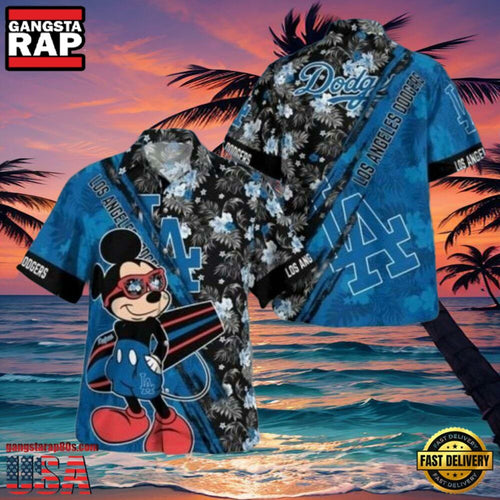 MLB LA Dodgers With Mickey Mouse And Tropical Flowers Aloha Hawaiian Shirt