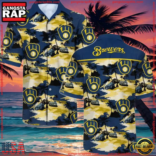 MLB Milwaukee Brewers Floral Hawaiian Short Sleeve Shirt