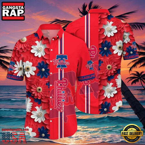MLB Philadelphia Phillies Festive Florals Button-Up Red Aloha Hawaiian Shirt