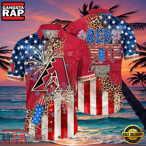 MLB Red, White, & Diamondbacks Hot Summer Aloha Shirt Patriotic Firework Spectacle