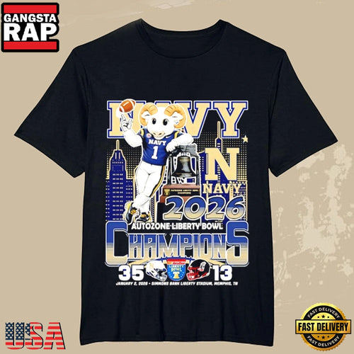 Navy Midshipmen 2026 AutoZone Liberty Bowl Champions Bill the Goat Mascot T-Shirt