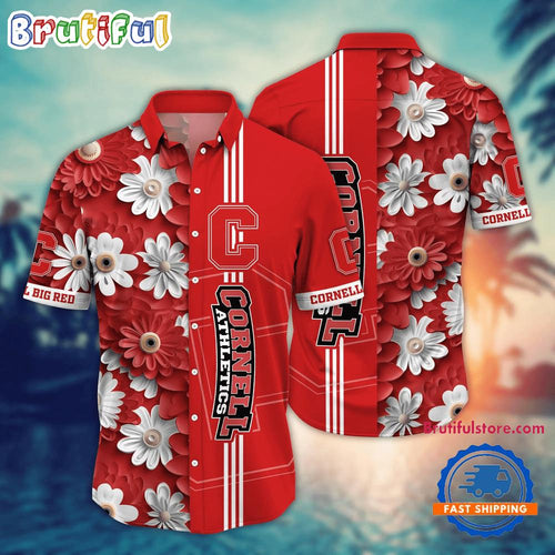 NCAA Cornell Big Red Flower Summer Aloha Button Hawaiian Shirt