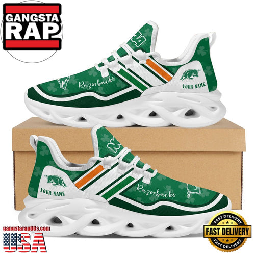 NCAA Custom Name Arkansas Razorbacks Logo Saint Patrick’S Day Unique Design Max Soul Shoes Running Sneakers
