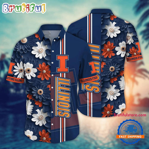 NCAA Illinois Fighting Illini Flower Summer Aloha Button Hawaiian Shirt