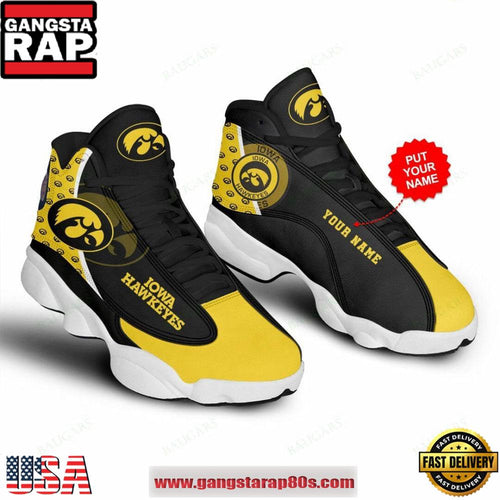 NCAA Iowa Hawkeyes Custom Name Black Gold Air Jordan 13 Shoes Running Sneakers