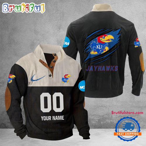NCAA Kansas Jayhawks Sport Team Custom Name And Number Buttoned Collar Sweatshirt